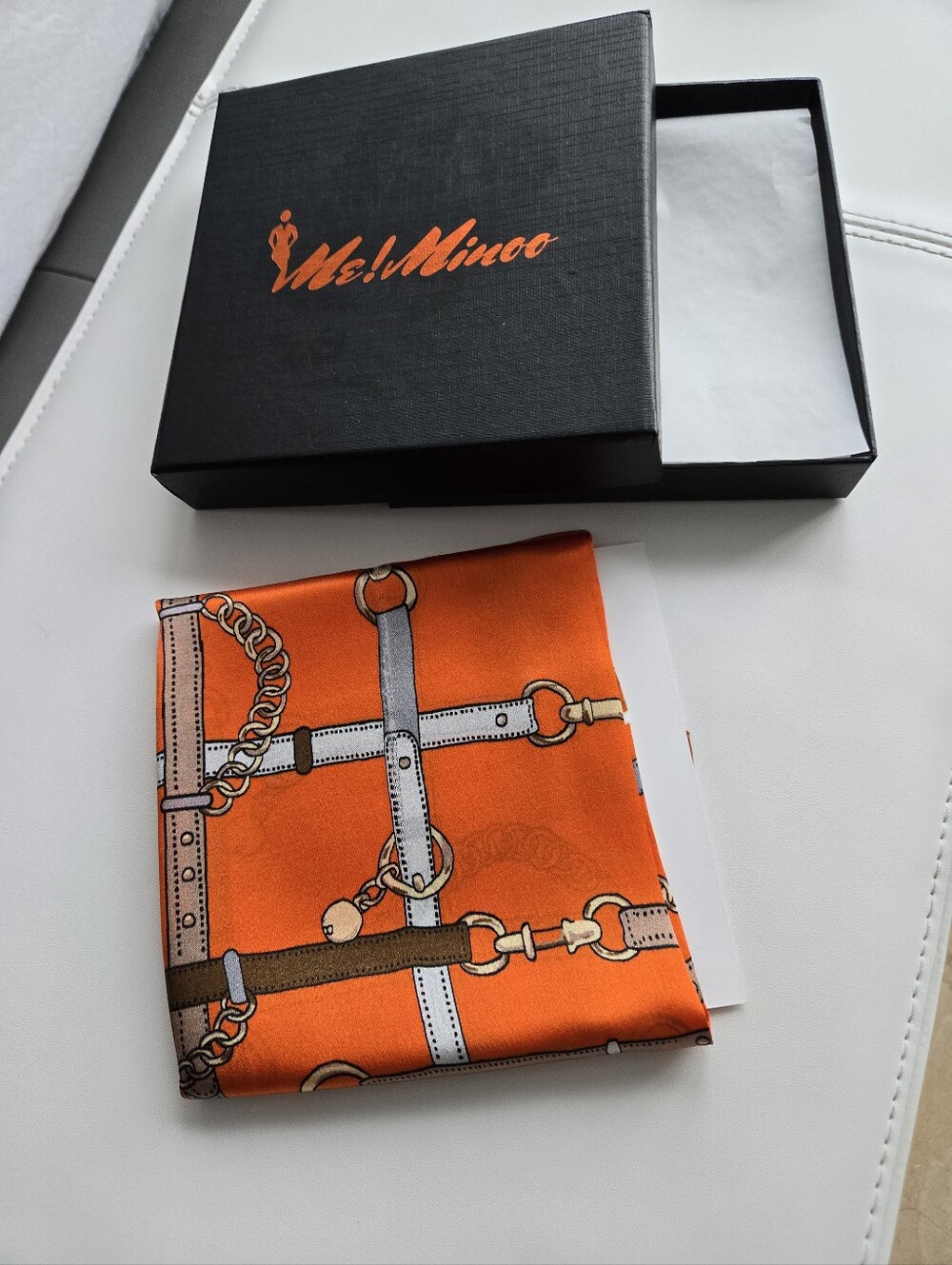 Silk Pocket Square Scarf in Vibrant Orange with Equestrian Chain Print